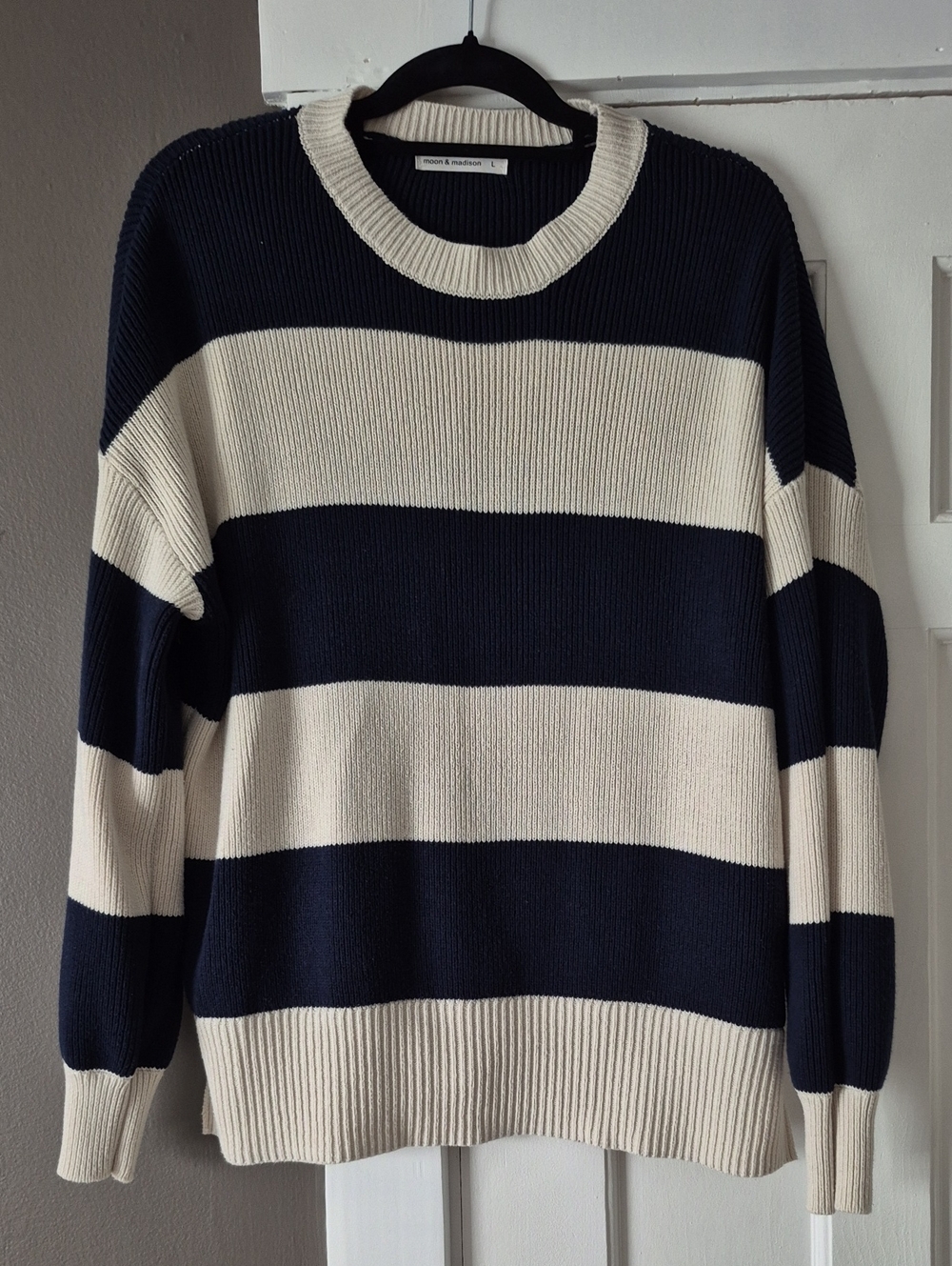 moon & madison Navy and Cream Striped Crewneck Sweater